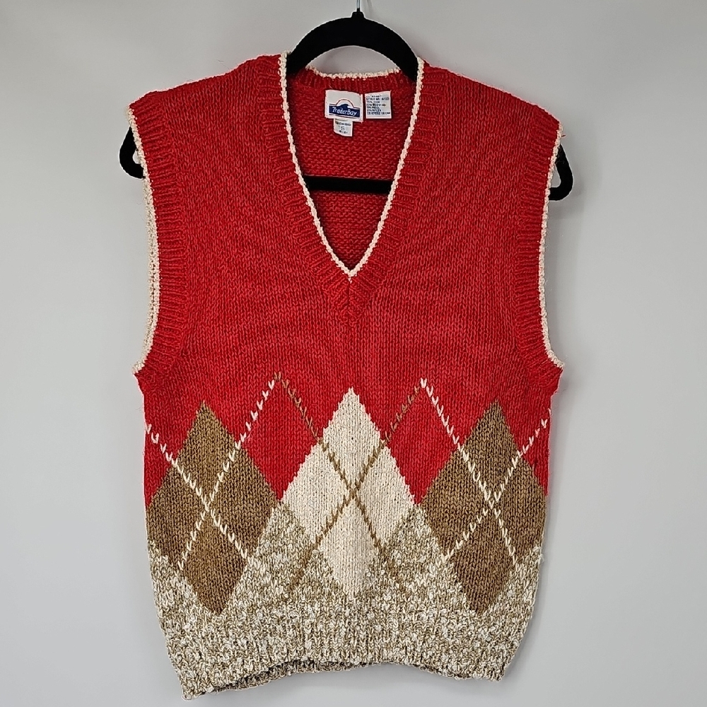 Trader Bay Red Argyle Silk Blend Preppy Vneck Sweater Vest Clueless Academia Y2K